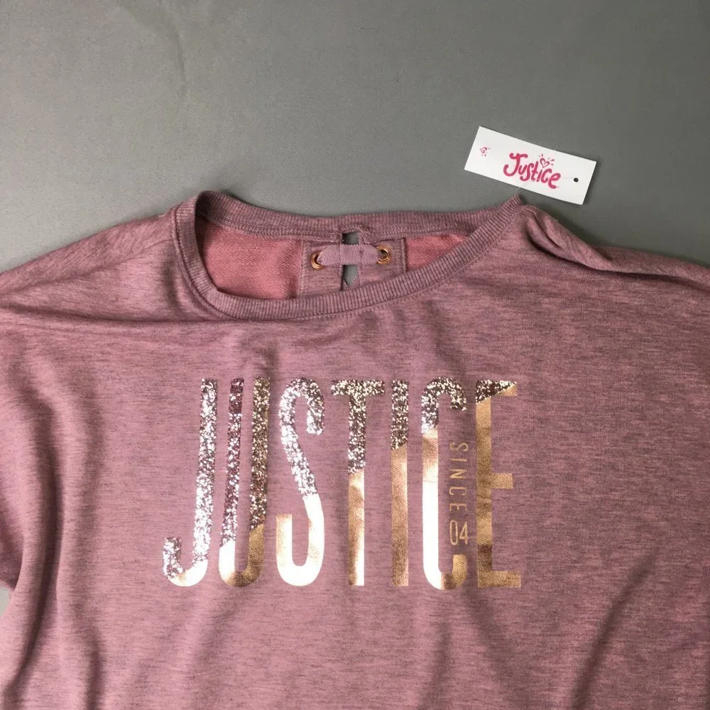 Justice Sweatshirt Girls 8 Pink Mauve Glitter Lace Up Back Relaxed Tunic